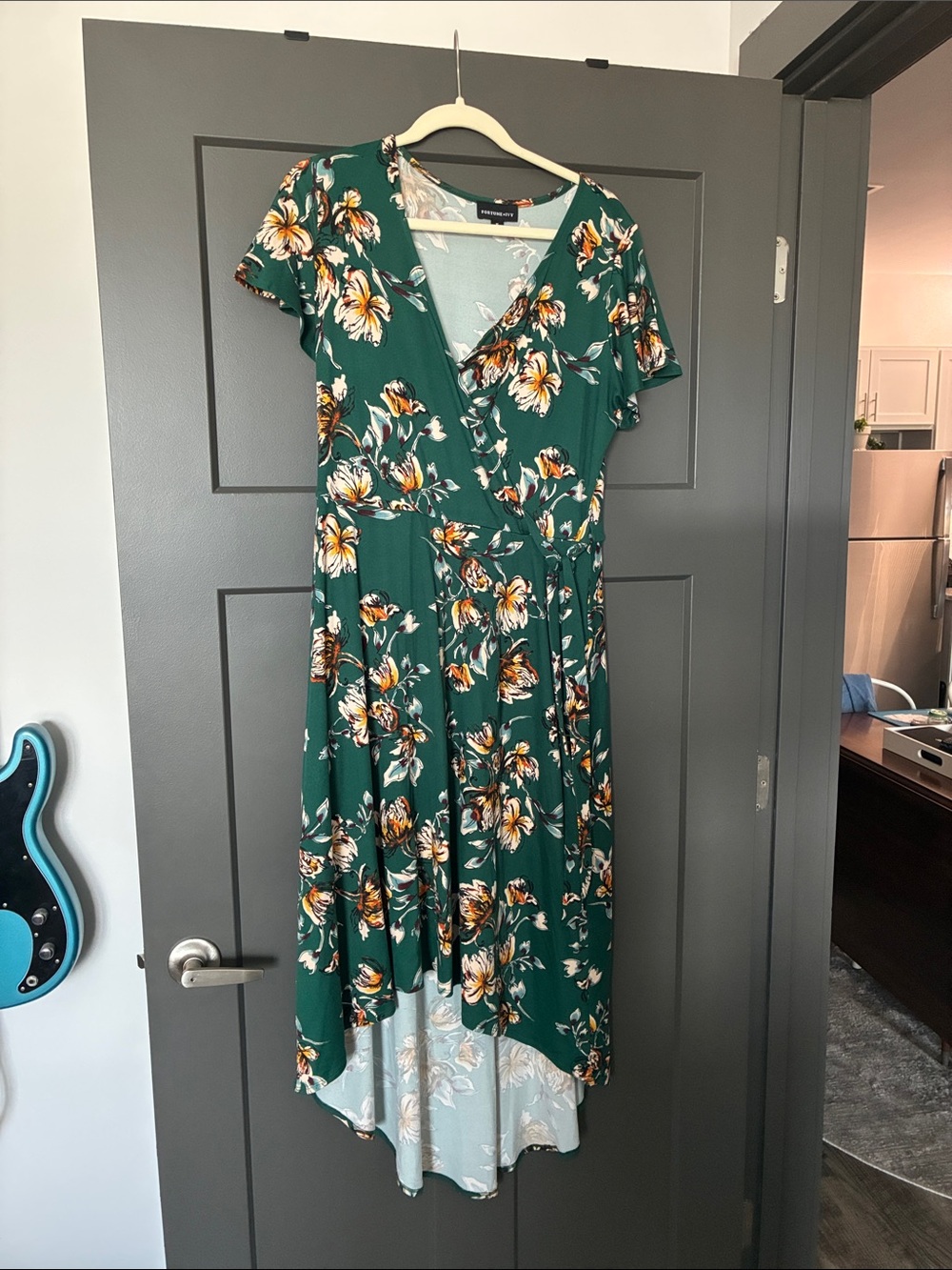 Green Floral High-Low Wrap Dress with Tie Waist